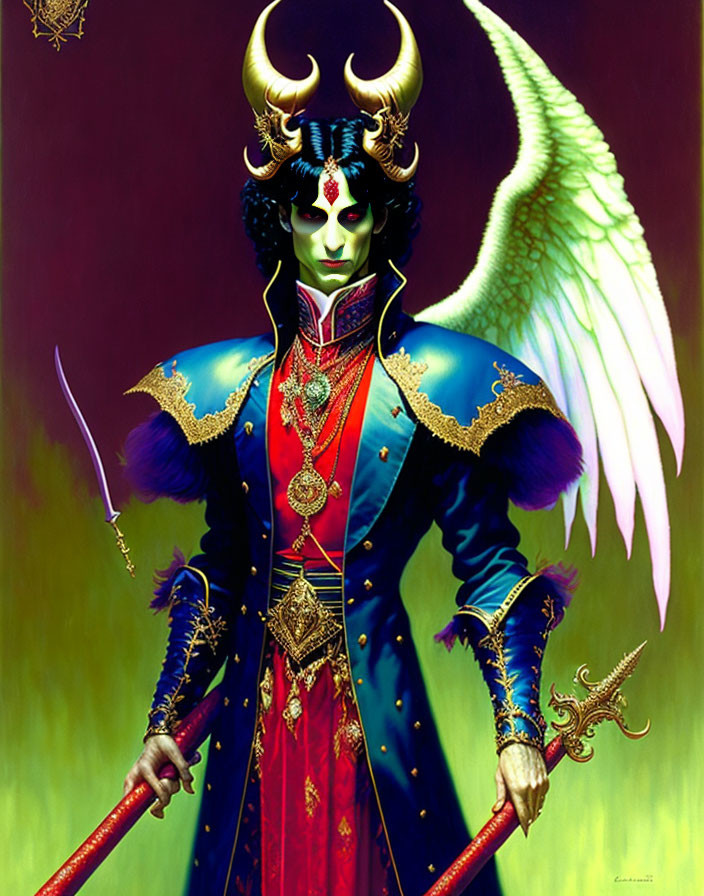 Fantastical figure with horns, wings, ornate blue costume, and staffs
