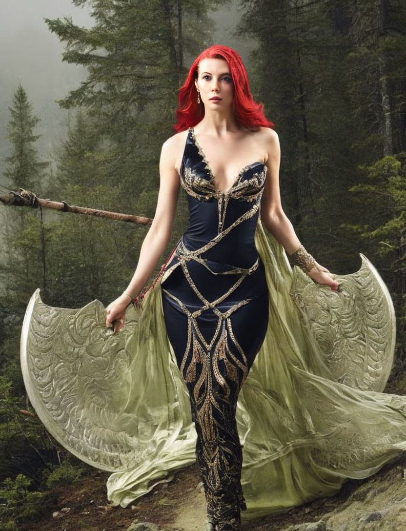 Red-haired woman in intricate dark dress with golden details in misty forest