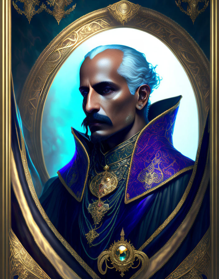 Regal Figure with White Mustache in Ornate Blue and Gold Attire