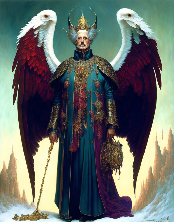 Regal figure in teal robes with eagles and castle backdrop