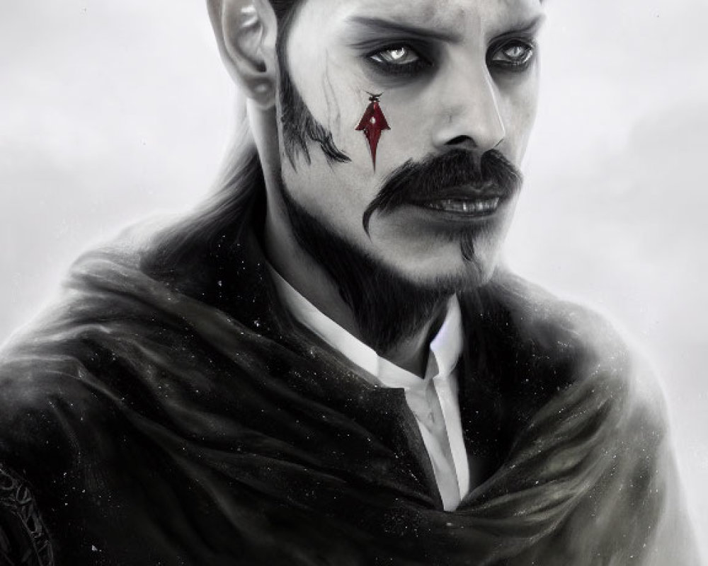 Monochromatic image of man with pointed ears, dark hair, mustache, red teardrop