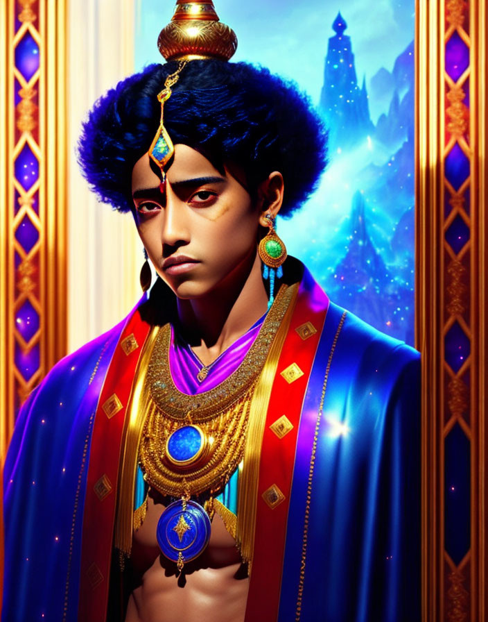 Regal character portrait with golden jewelry and mystical backdrop