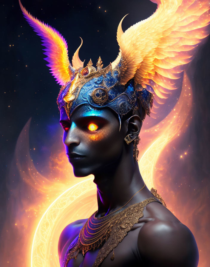 Mythical figure with glowing eyes and golden-winged helmet in cosmic setting