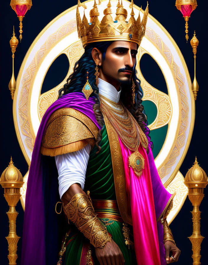 Regal Figure in Golden Armor with Crown and Purple Cape