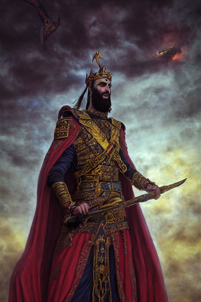 Regal figure in ornate armor with crown and cloak, wielding sword, under stormy sky with