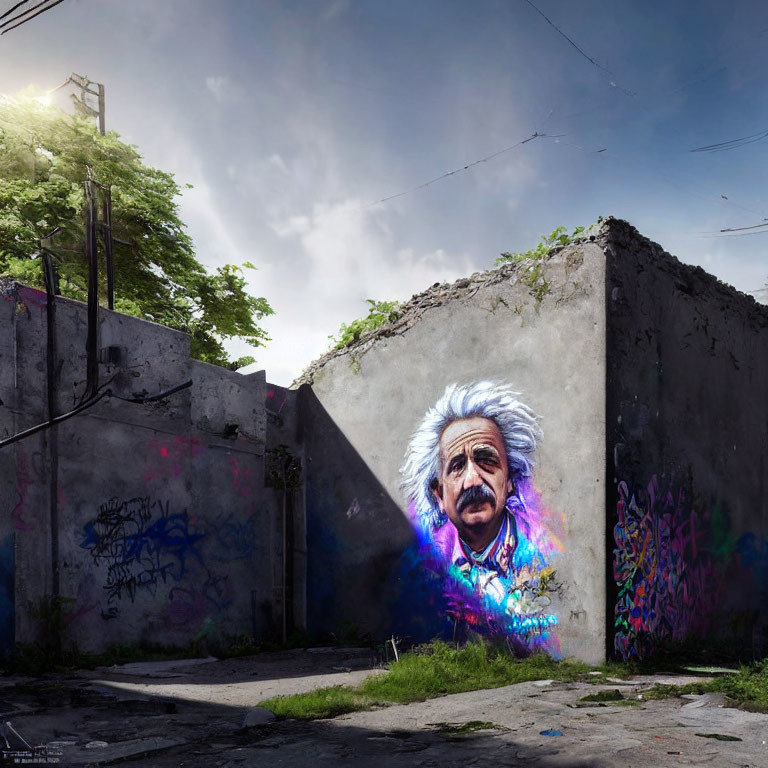 Colorful graffiti mural of Albert Einstein in urban setting