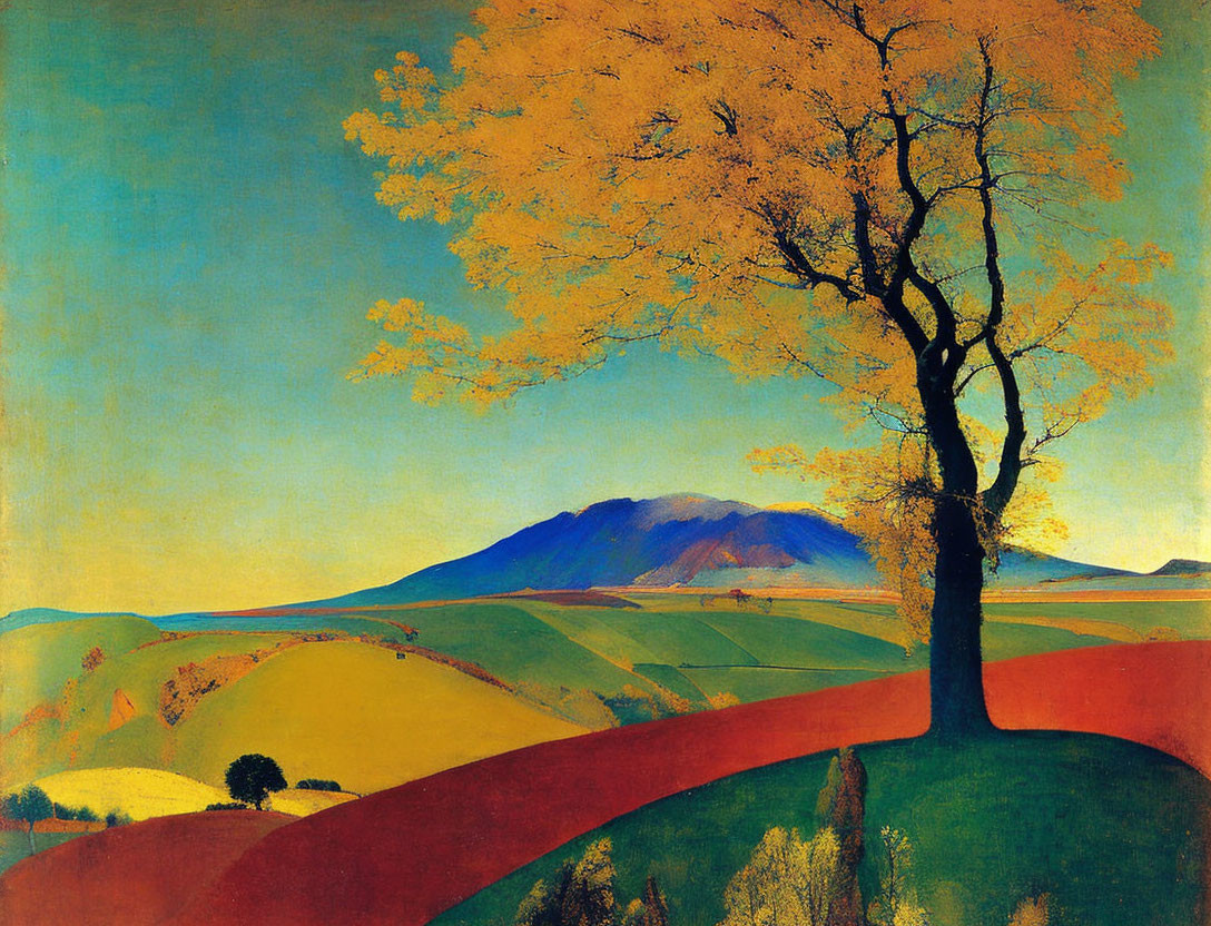 Colorful landscape painting with golden tree, rolling hills, and blue mountain under clear sky