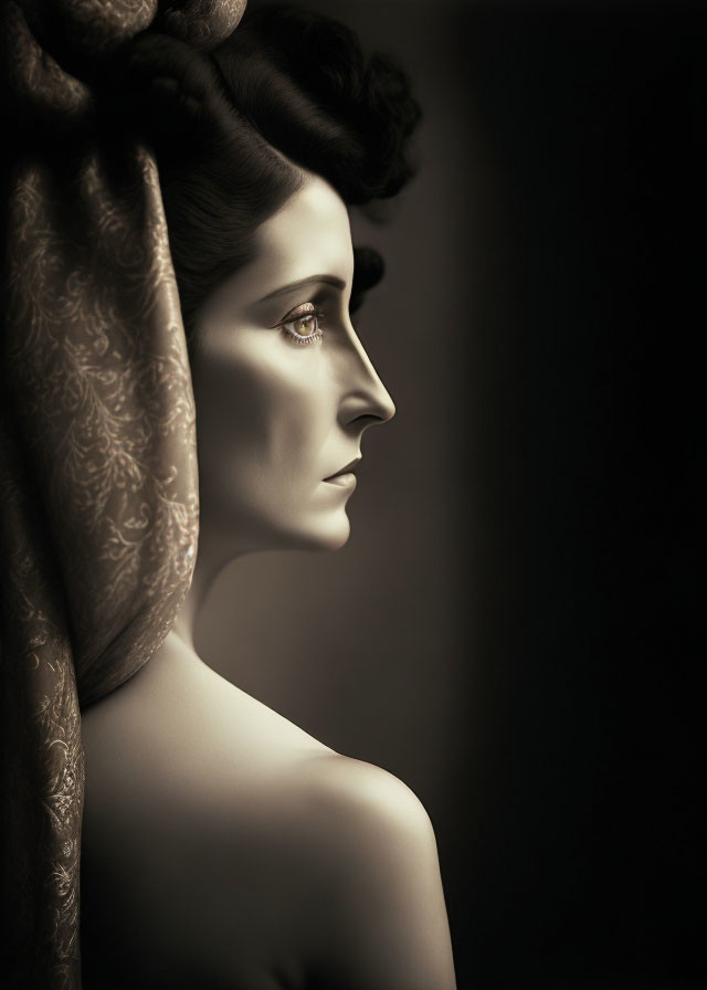 Vintage-inspired sepia-tone portrait of a woman with draped fabric and elegant hairstyle