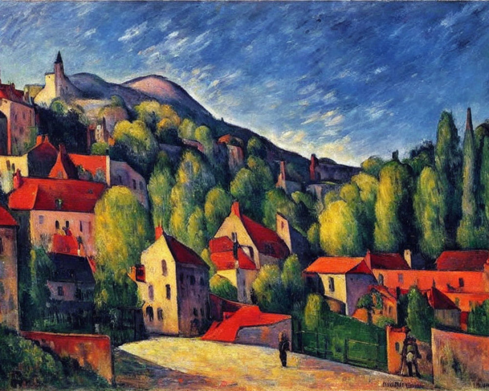 Impressionistic painting of vibrant village scene