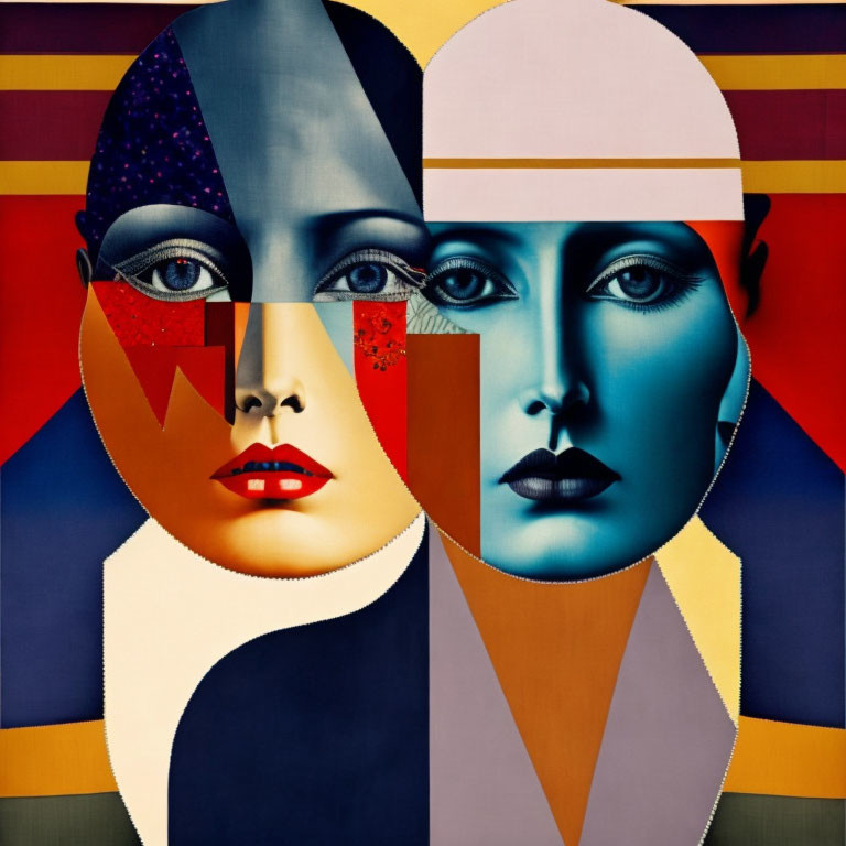 Abstract Surreal Artwork: Overlapping Faces, Geometric Patterns, Vibrant Colors