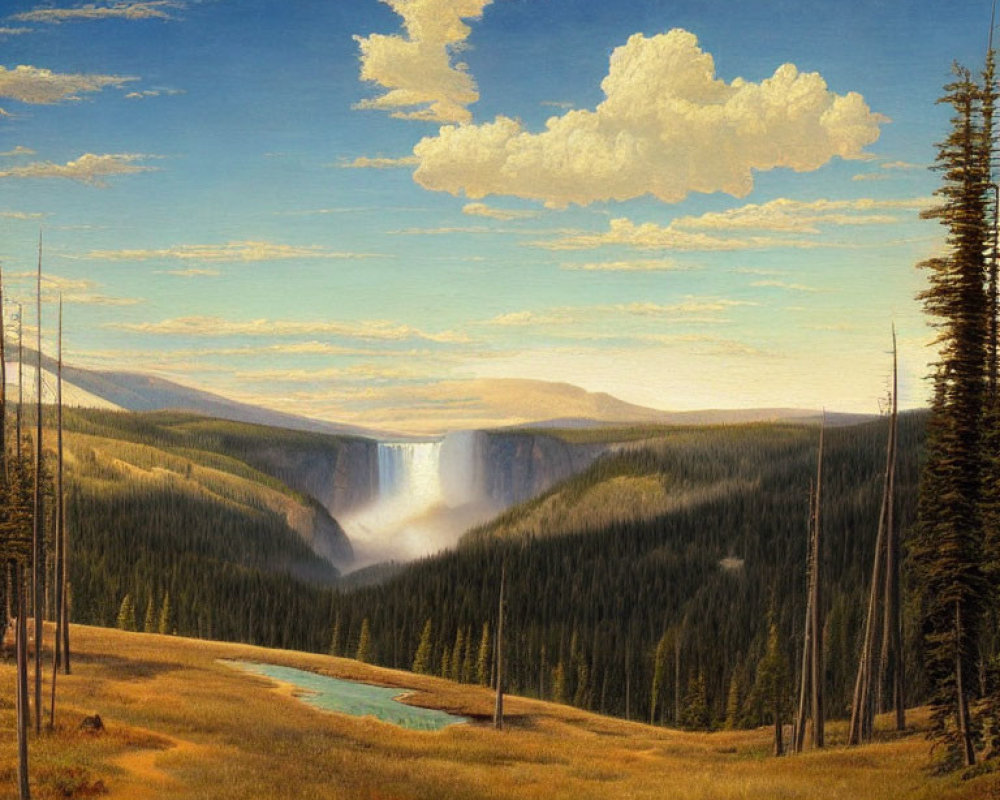 Tranquil landscape with cascading waterfall, pine forests, and vast sky
