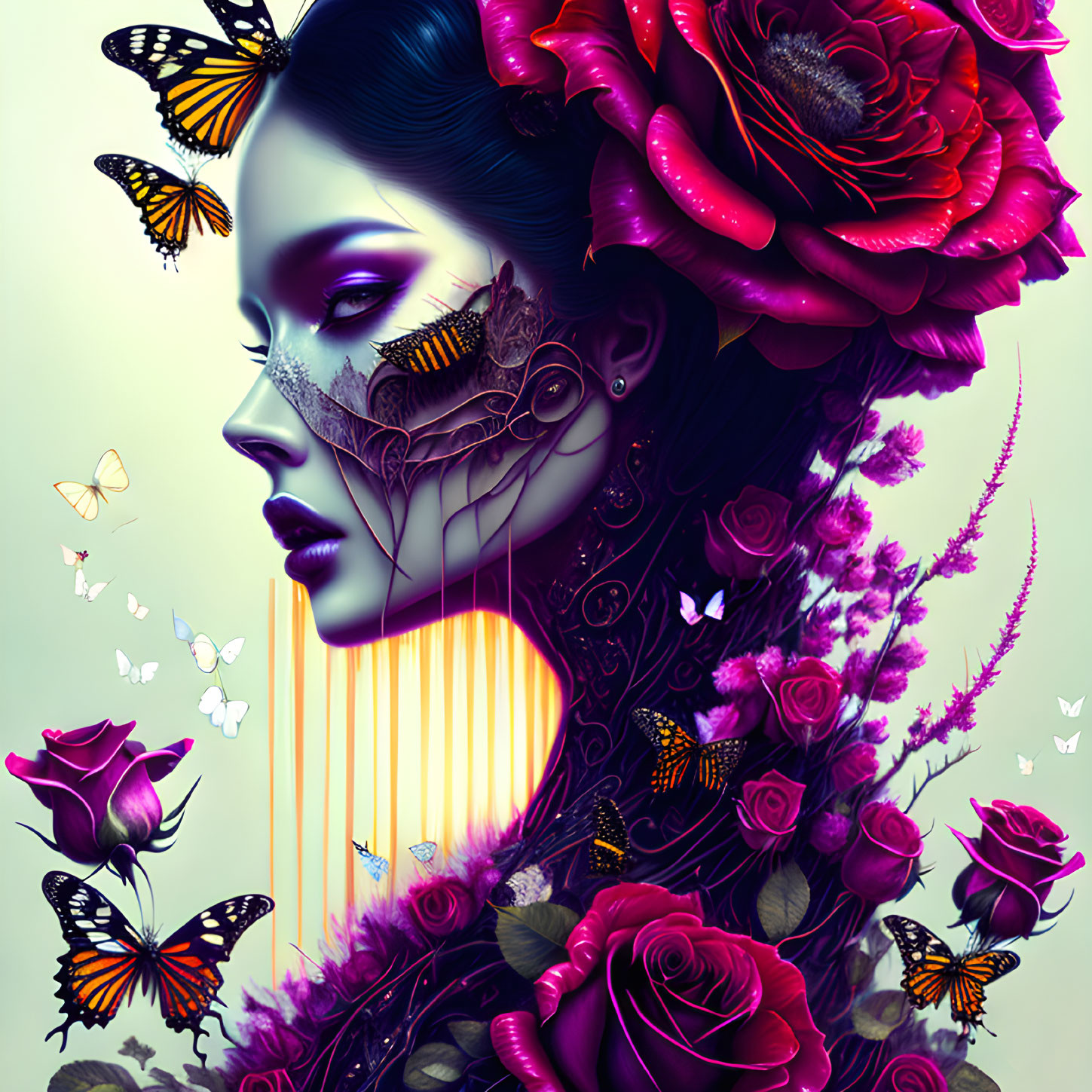 Digital artwork featuring woman with floral and butterfly motif