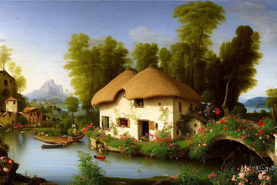 Tranquil riverside scene with cottage, boat, and mountains