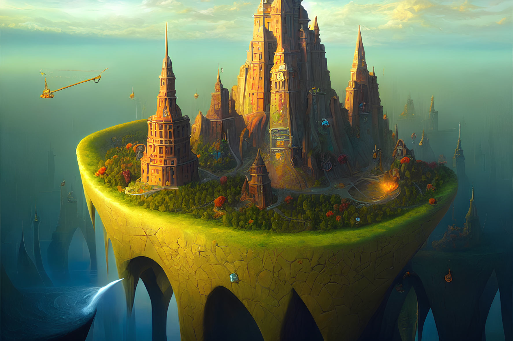 Fantasy floating island city with towers, bridges, airships in golden sunset