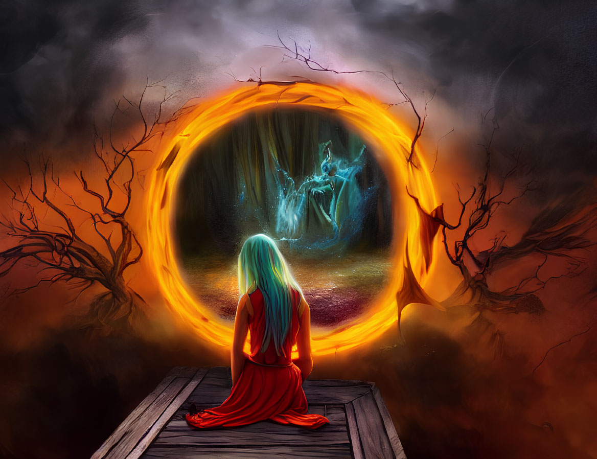 Woman in Red Dress on Wooden Jetty Observing Glowing Portal with Ethereal Figure, Surrounded