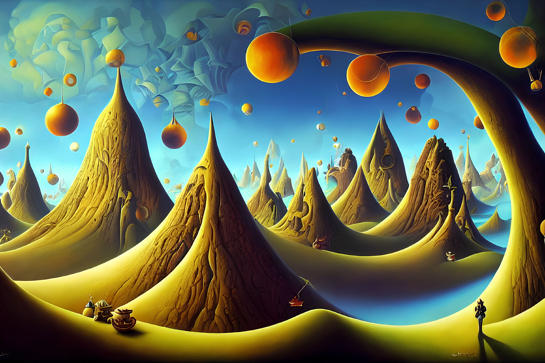 Surreal landscape with conical hills and oversized orange fruits under vibrant blue sky