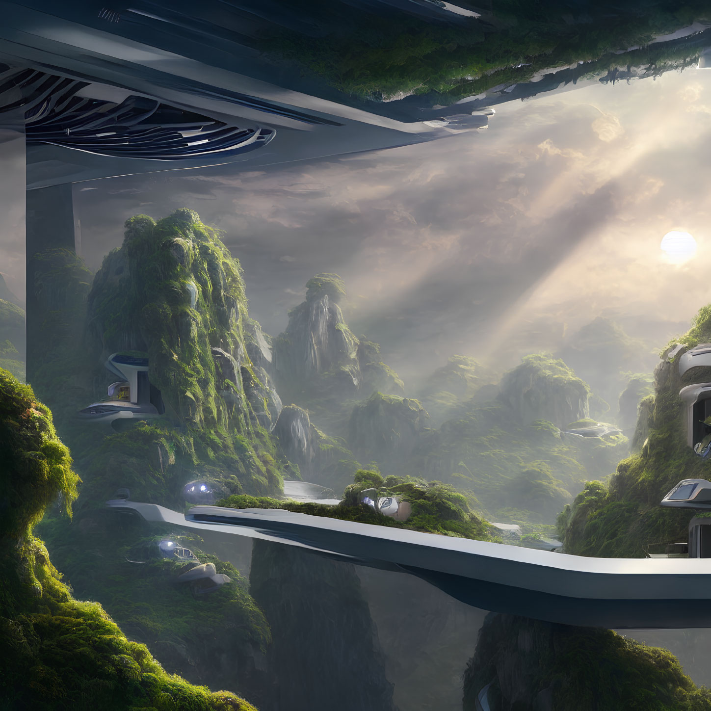 Futuristic cityscape with green mountains, sleek buildings, and elevated roads under sunlight.