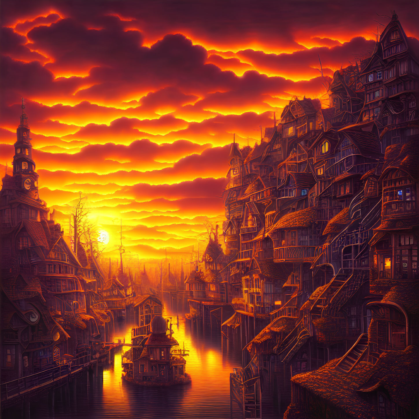 Vibrant sunset over fantasy town with river and ornate buildings