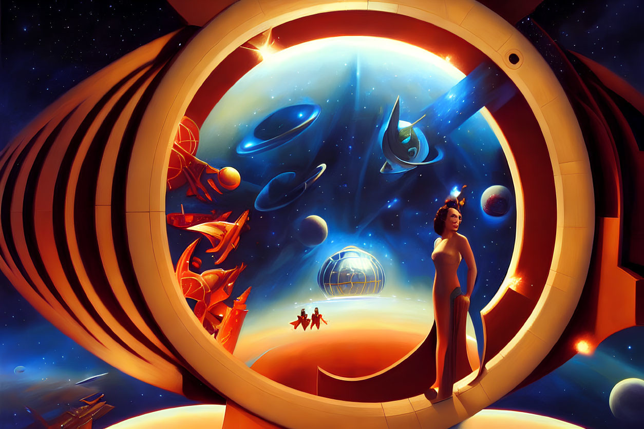 Person in futuristic portal overlooking outer space with planets, stars, and spaceships.