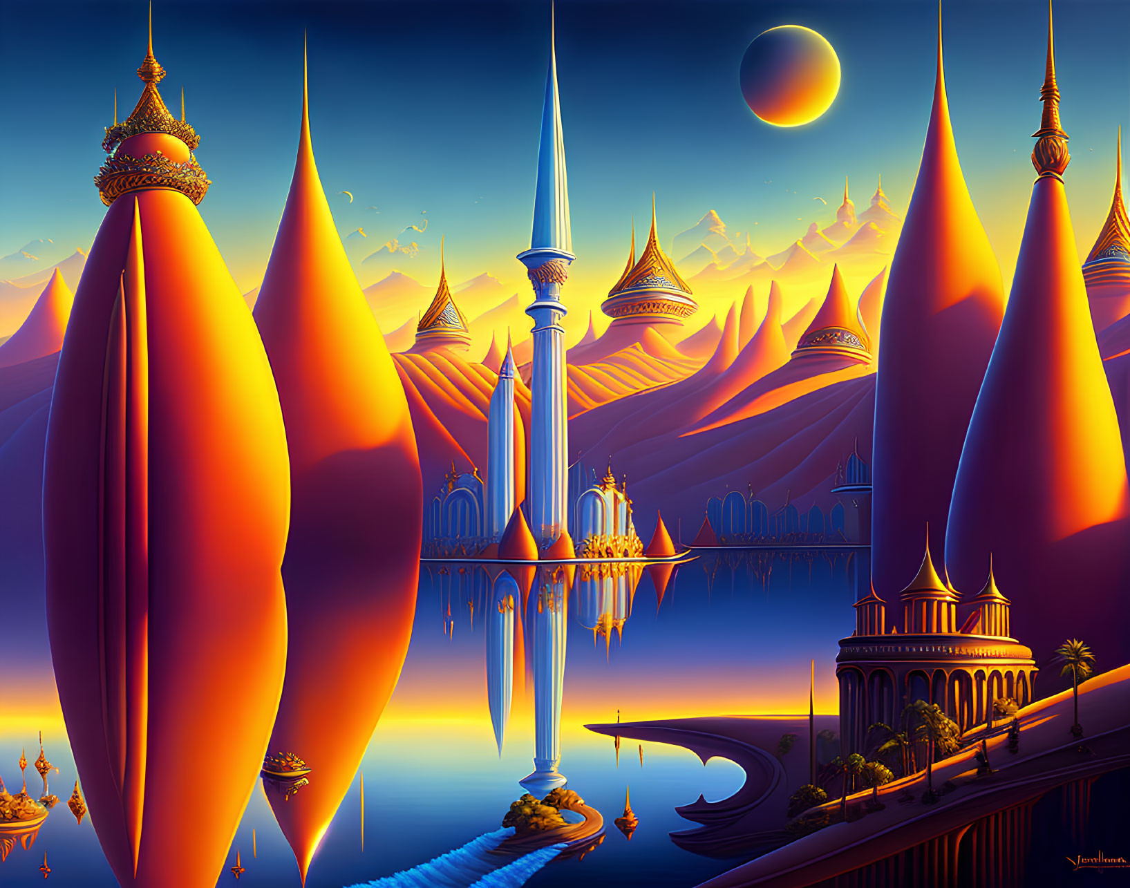 Fantasy landscape with stylized architecture and orange sky