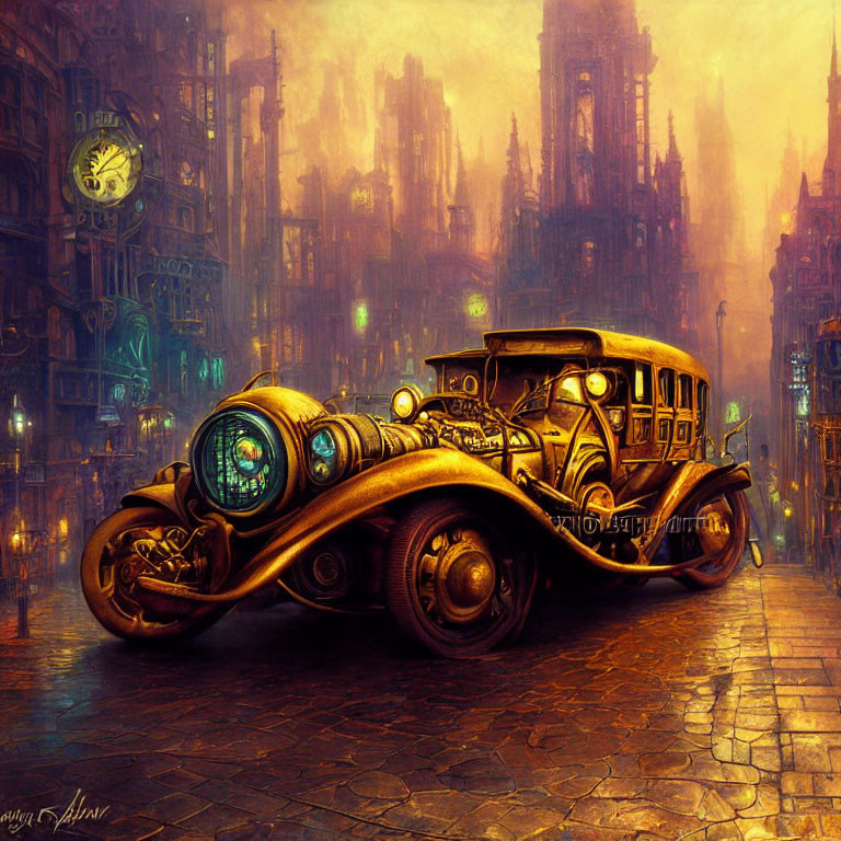 Steampunk-style vintage car illustration in moody cityscape