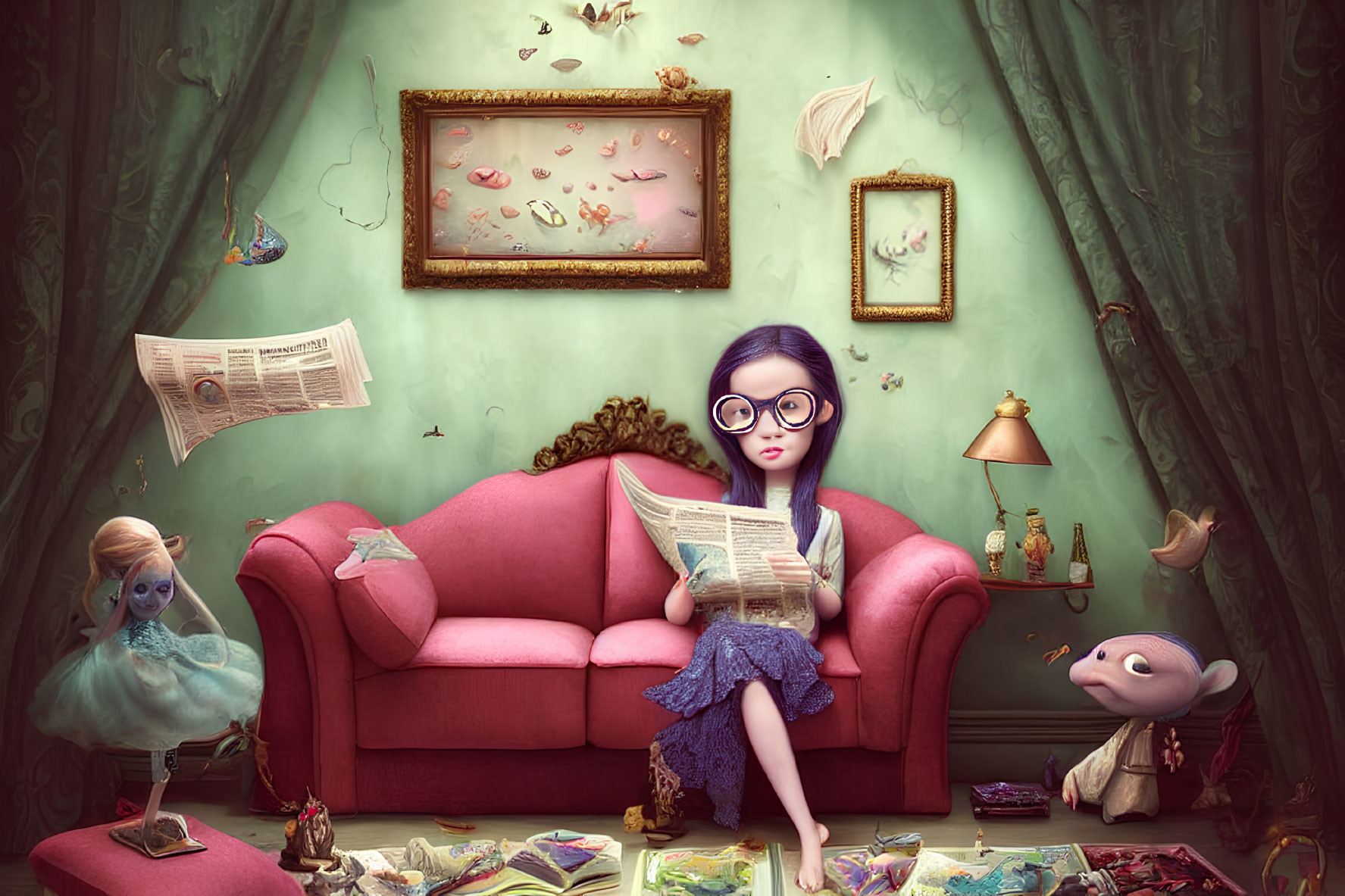 Whimsical room with floating objects and girl reading on pink couch