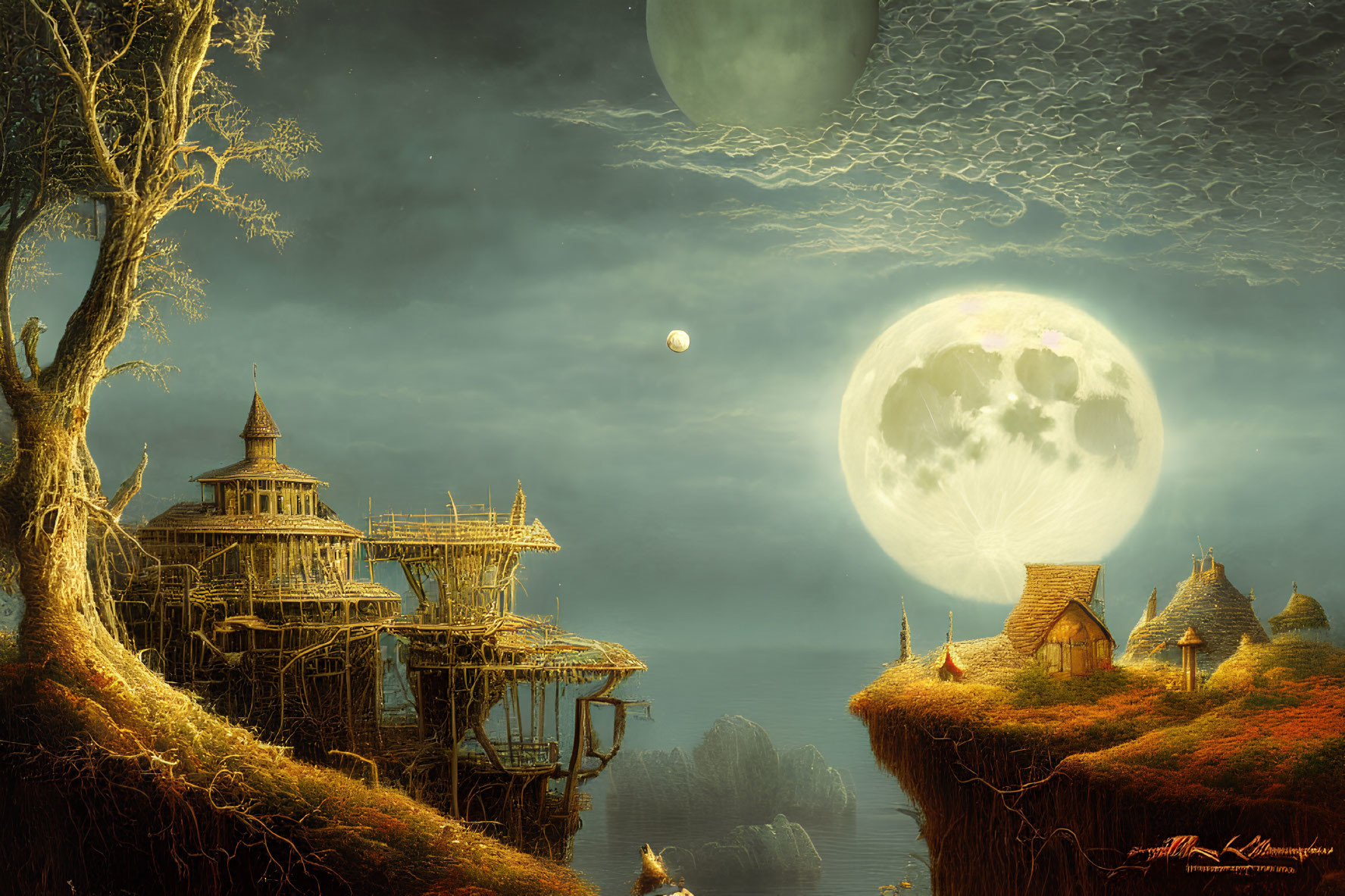 Ethereal fantasy landscape with treehouses and traditional huts under moons