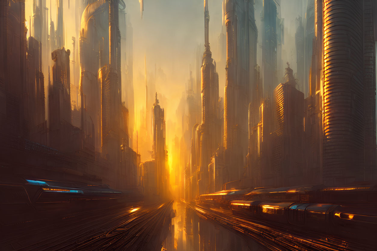 Golden sunlight illuminates futuristic cityscape with skyscrapers and flying vehicles in hazy atmosphere