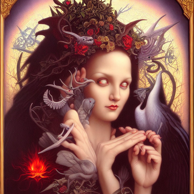 Surreal portrait of woman with crown of horns and roses, birds, snakes, and glowing heart