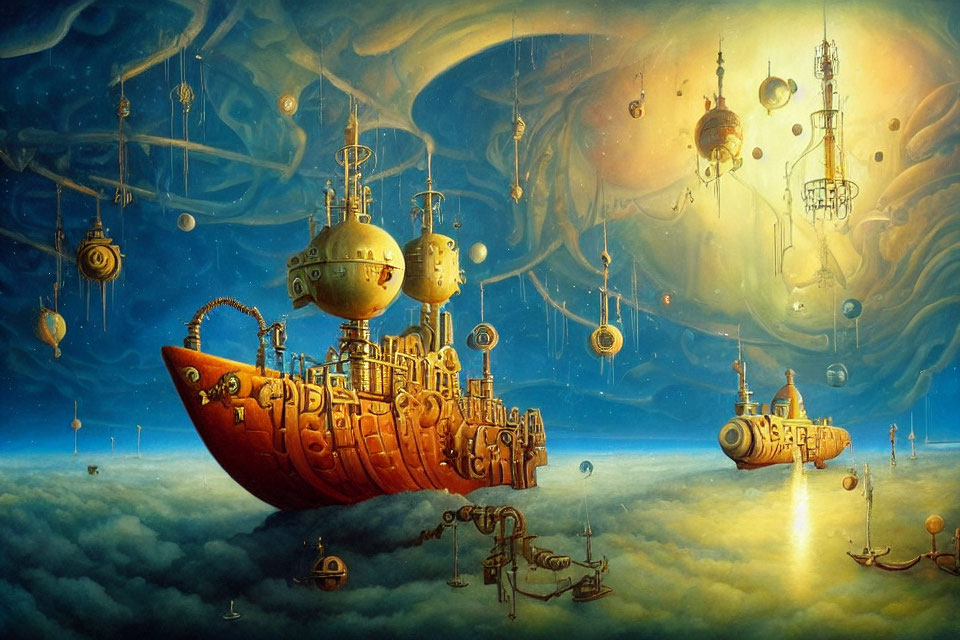 Steampunk-inspired landscape with floating ships and orbs in golden sky
