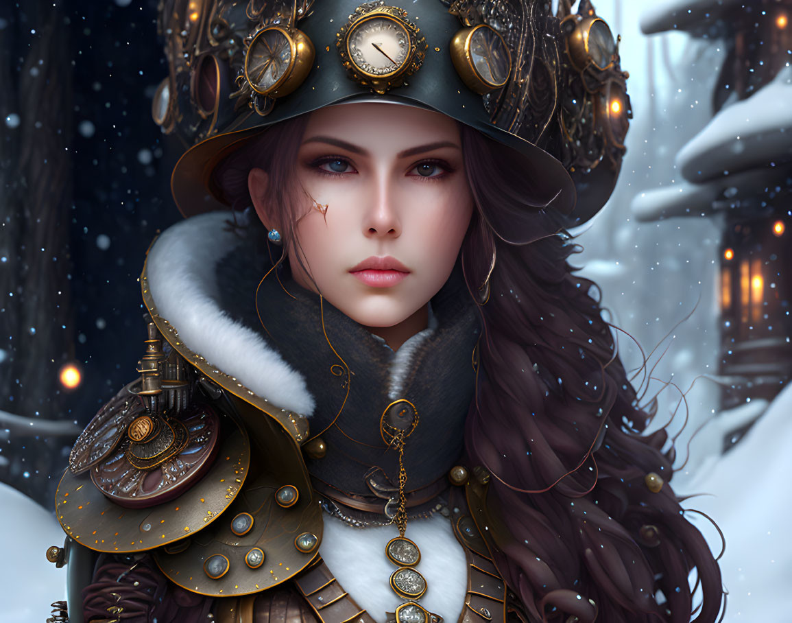 Steampunk-inspired woman digital art in snowy setting