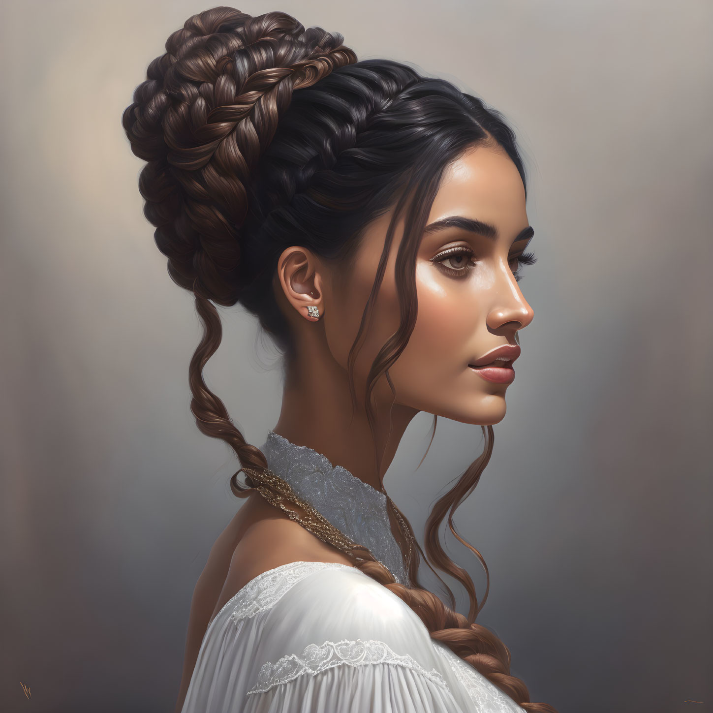Woman with Intricate Braided Updo in White Dress and Earring