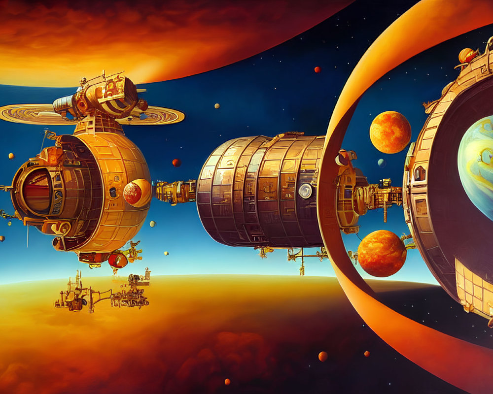 Futuristic space stations orbiting ringed planet with moons in orange cosmic setting