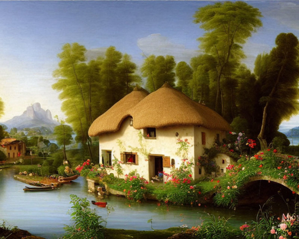 Tranquil riverside scene with cottage, boat, and mountains