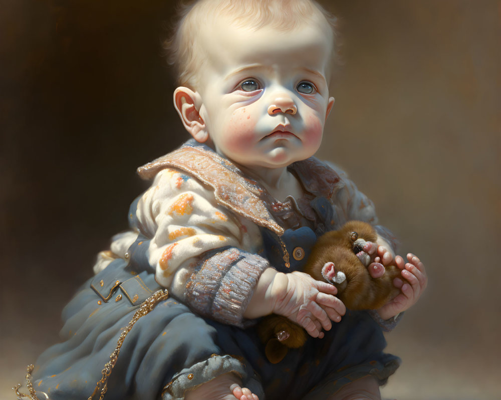 Realistic Painting of Baby Seated with Pensive Expression