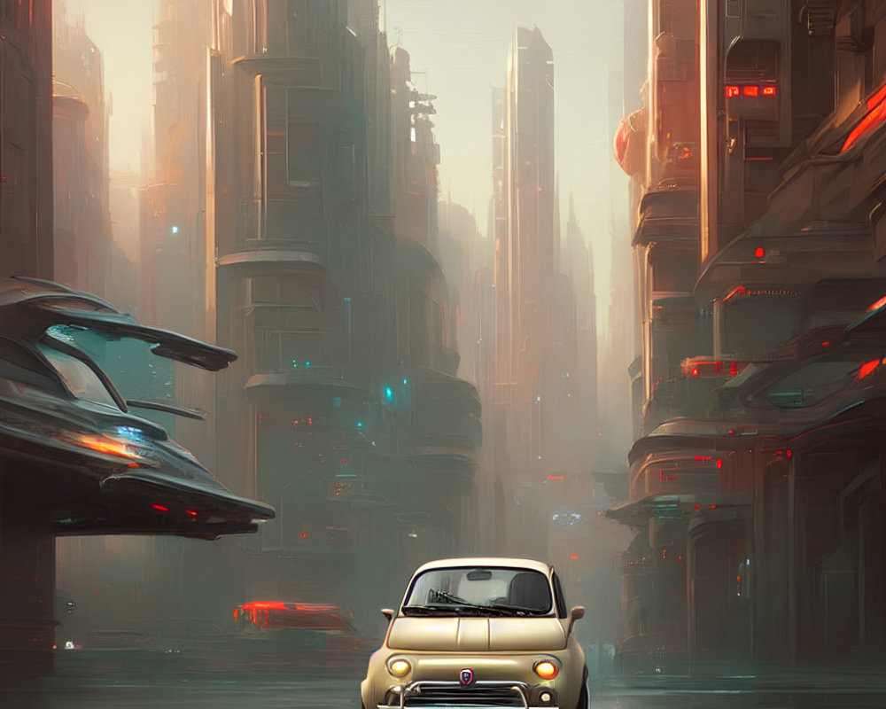 Vintage car on futuristic city street with skyscrapers and flying vehicles