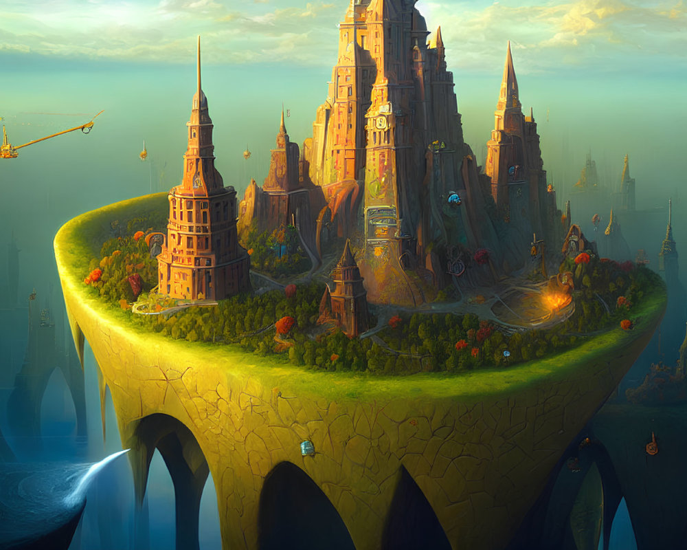 Fantasy floating island city with towers, bridges, airships in golden sunset