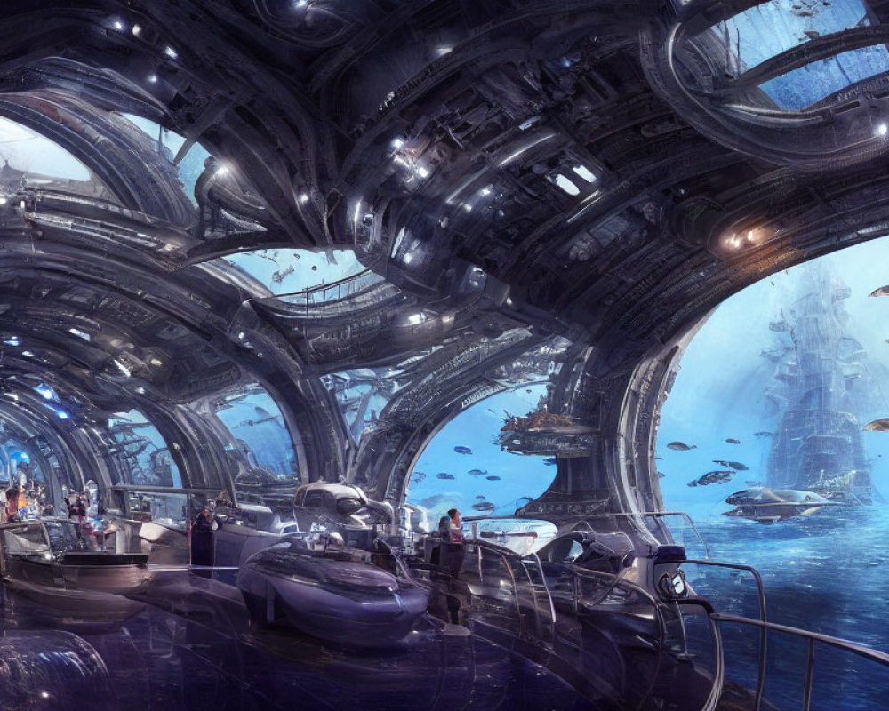 Futuristic underwater city with domed structures and advanced submarines