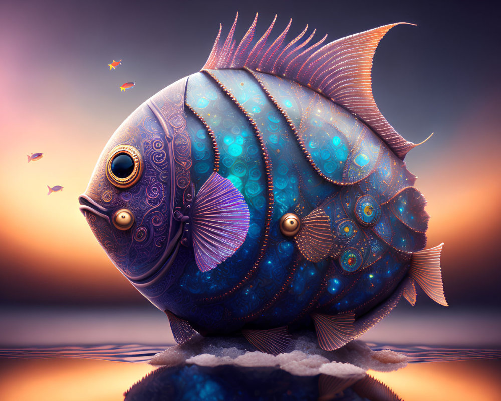 Colorful Stylized Round Fish Illustration with Fantasy Elements