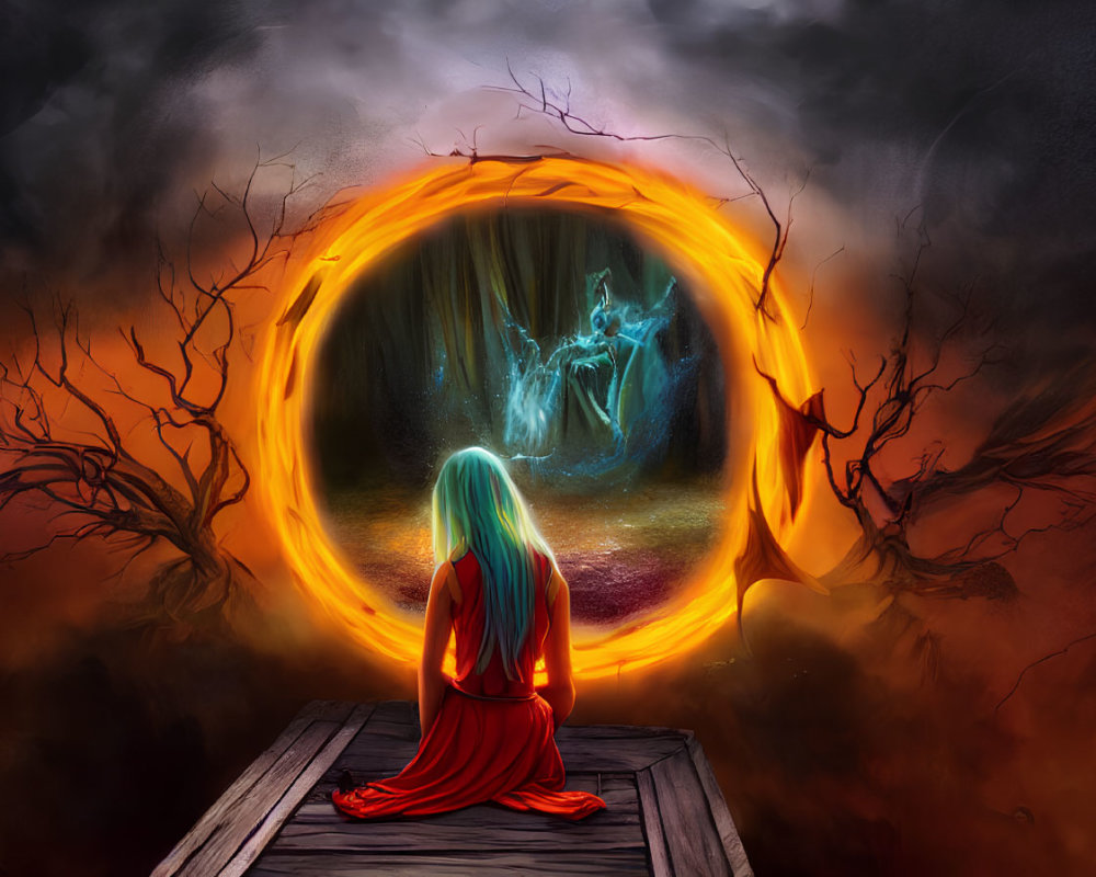 Woman in Red Dress on Wooden Jetty Observing Glowing Portal with Ethereal Figure, Surrounded