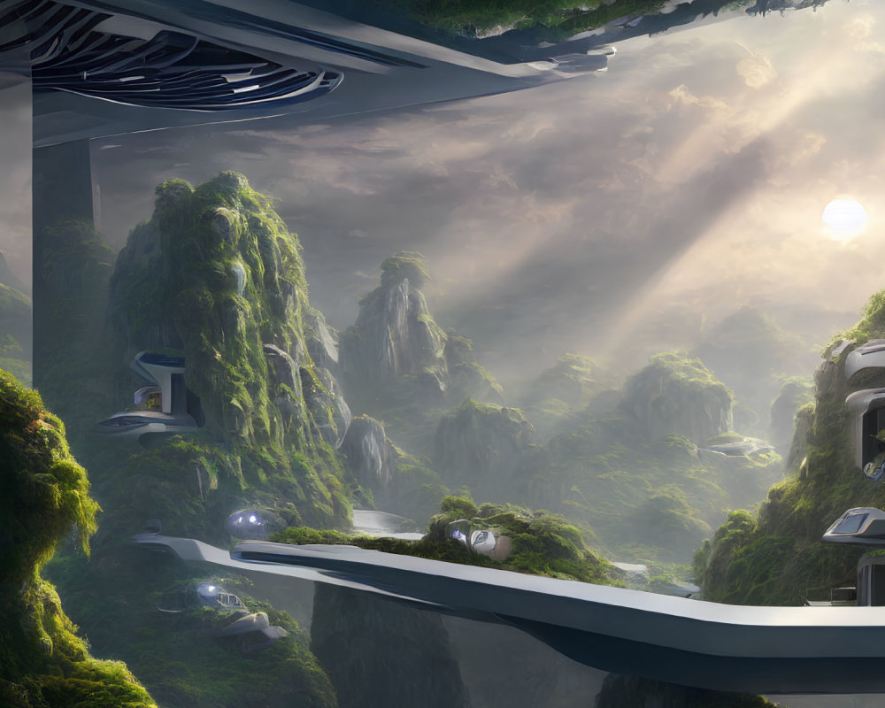 Futuristic cityscape with green mountains, sleek buildings, and elevated roads under sunlight.