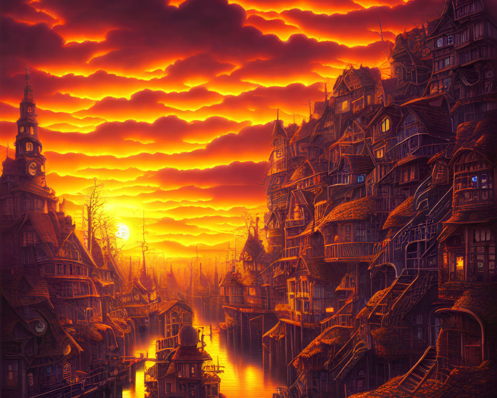 Vibrant sunset over fantasy town with river and ornate buildings