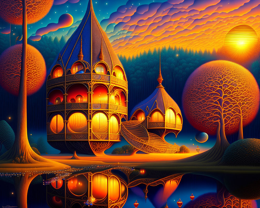 Intricate illuminated fantasy landscape at sunset