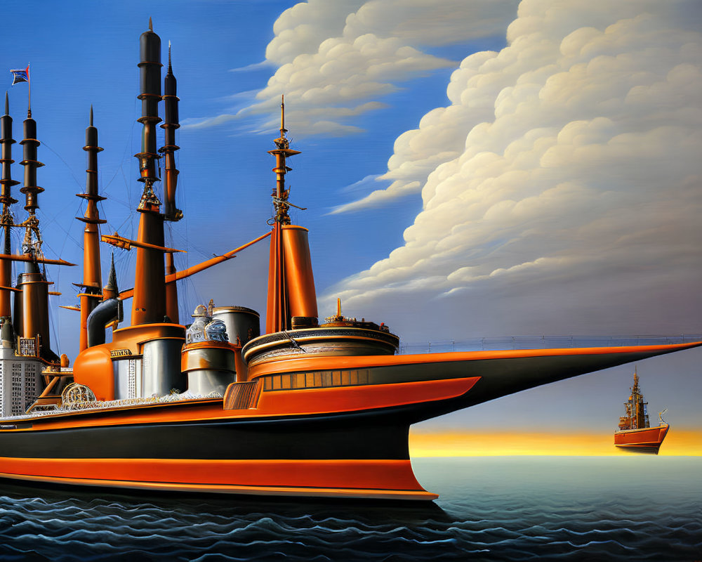 Digital artwork of orange and black retro-futuristic battleship at sea
