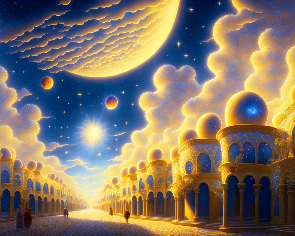 Nighttime cityscape with moon, stars, clouds, dome-topped buildings, and glowing pathway.