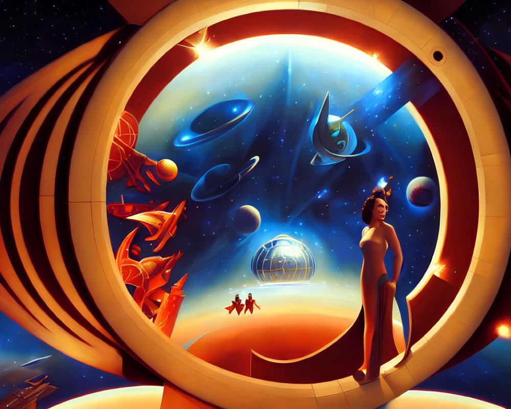 Person in futuristic portal overlooking outer space with planets, stars, and spaceships.