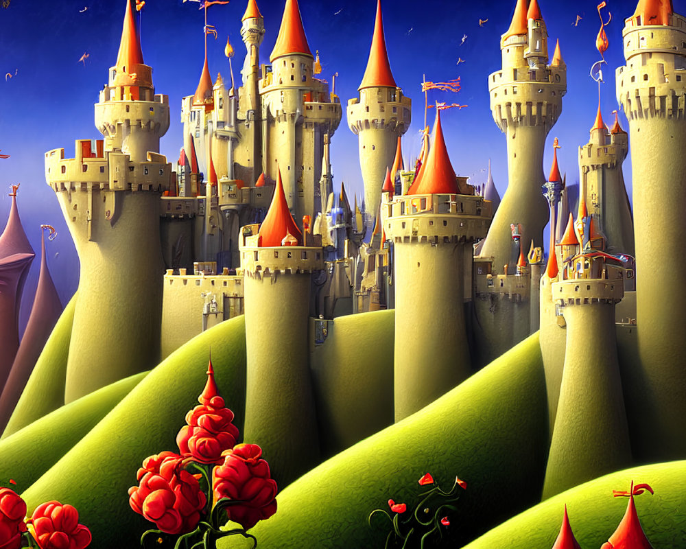 Colorful Fantasy Castle with Towering Spires and Red Roses