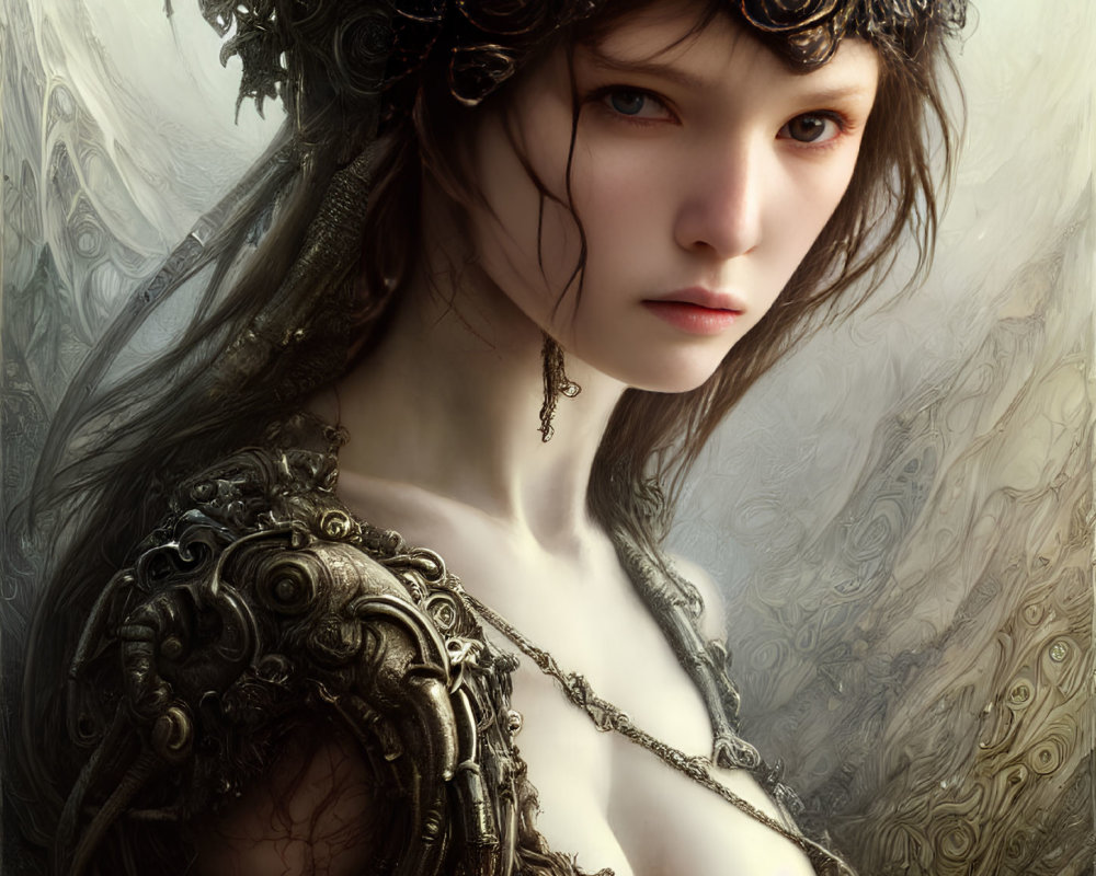 Digital Artwork: Woman in Ornate Armor and Headdress