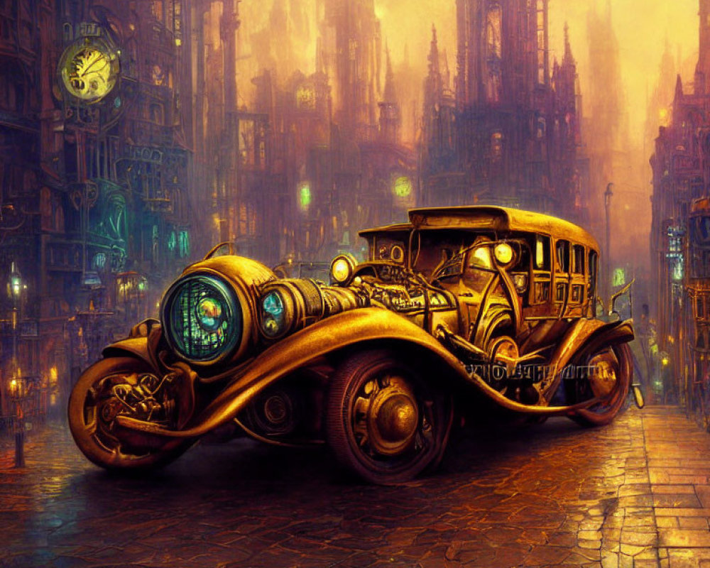 Steampunk-style vintage car illustration in moody cityscape