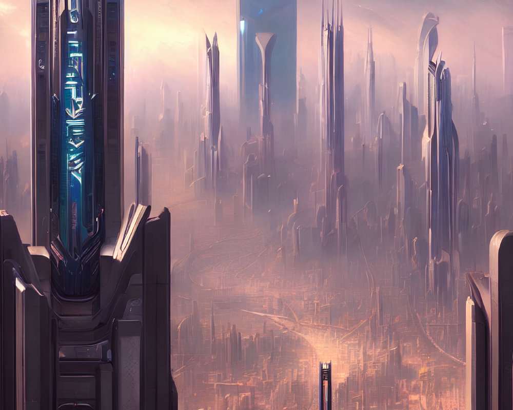 Futuristic cityscape with towering spires and vertical element